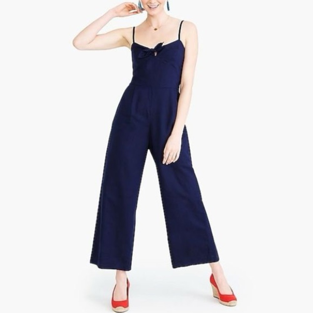 J.CREW Tie-front Jumpsuit Linen-cotton Navy Blue with Bow Size 00